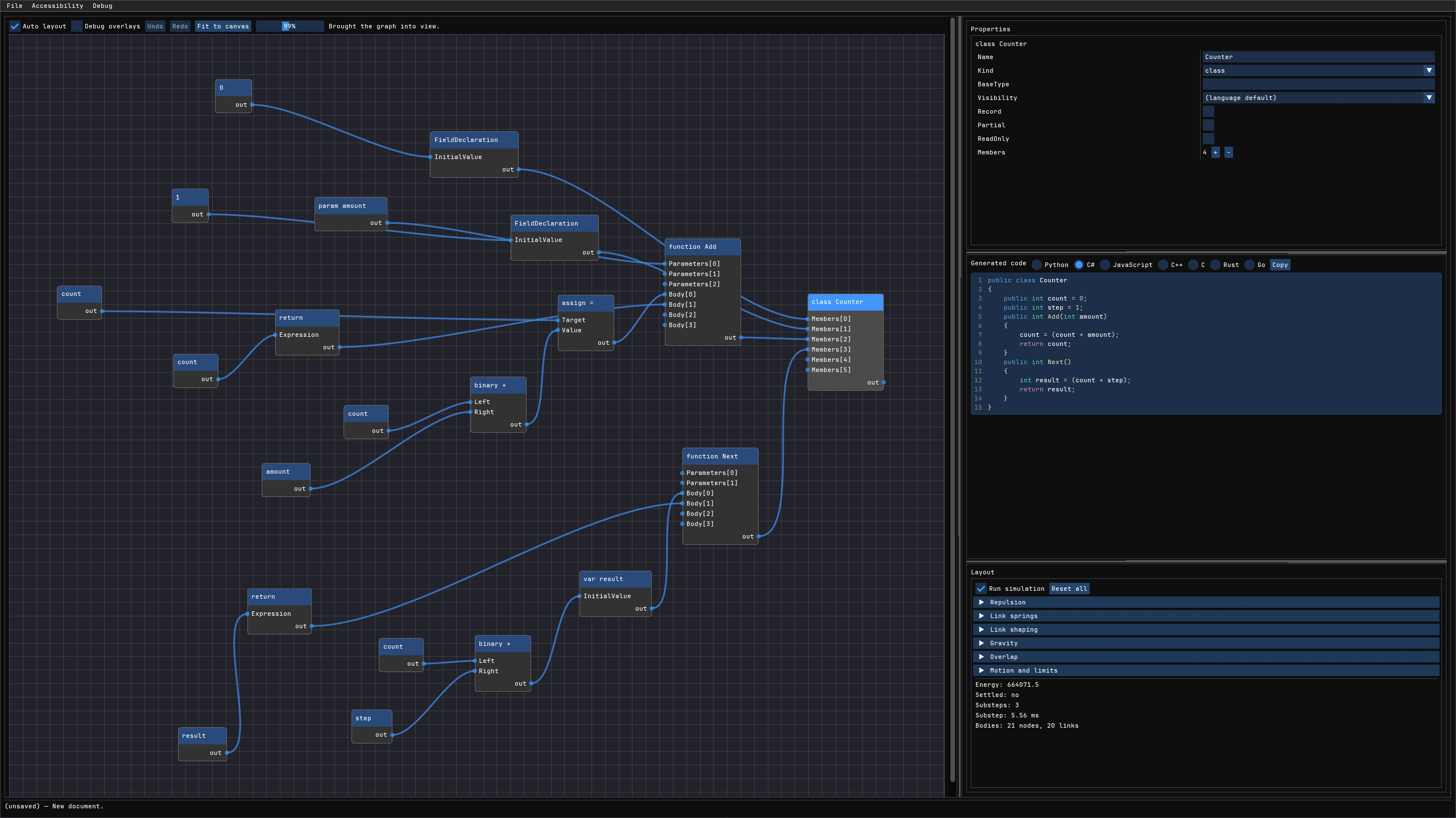 The Coder editor: a document as a node graph, with its properties and generated code beside it
